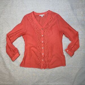 Studio Works | Coral Button Front Top with Lace | Large